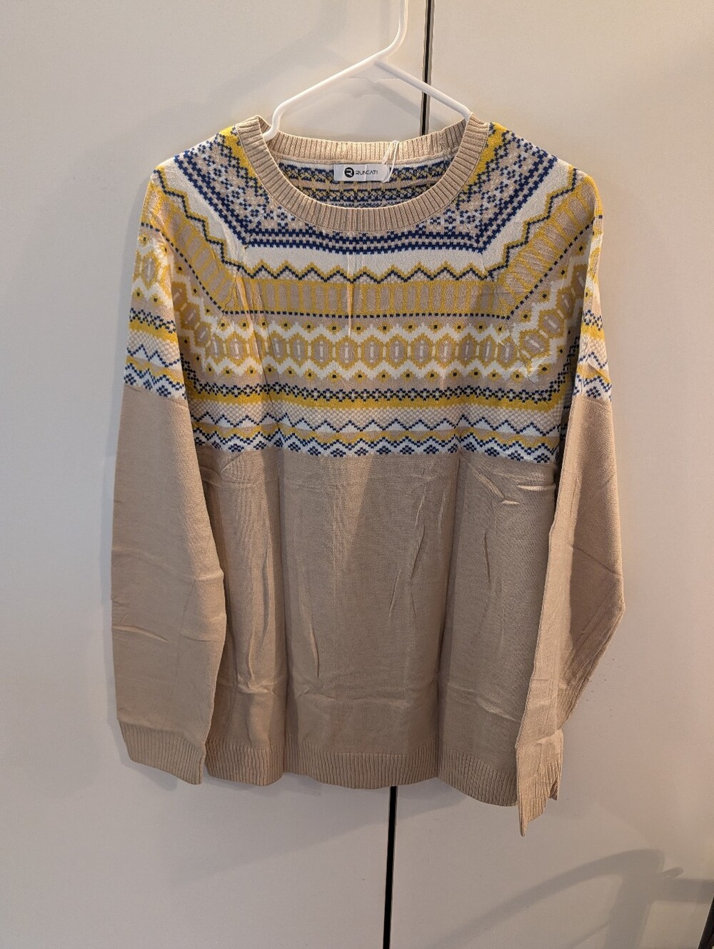 Runcati Mens Large Beige Crewneck Sweater with Yellow & Blue Fair Isle Yoke NWT